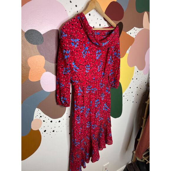 SALONI Lexie Red Floral Asymmetrical Ruffle Pleat Cold Shoulder Silk Dress US 0 - Picture 7 of 10